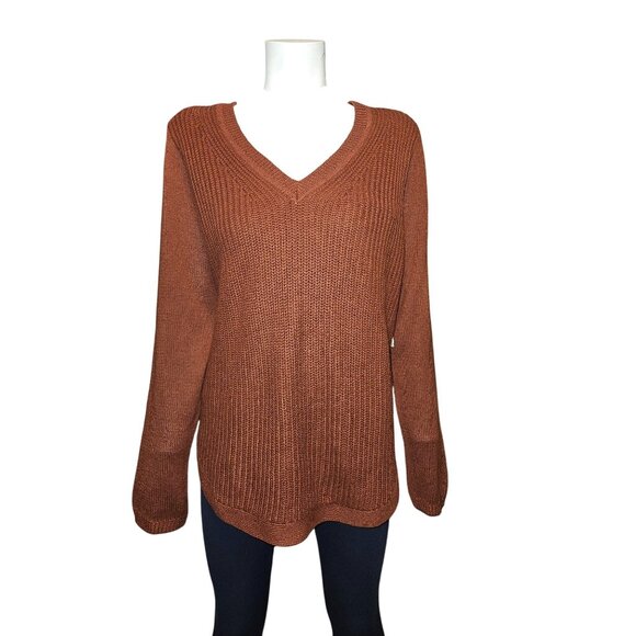 RD Style Rust V-Neck Knit Curved Flattering Hemline Sweater Women Size Large - Picture 1 of 8